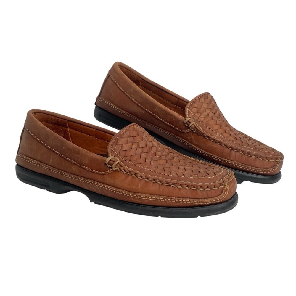 Johnston & Murphy Mens 8 M Brown Leather Basket Weave Loafers 20-8322 Brazil EUC